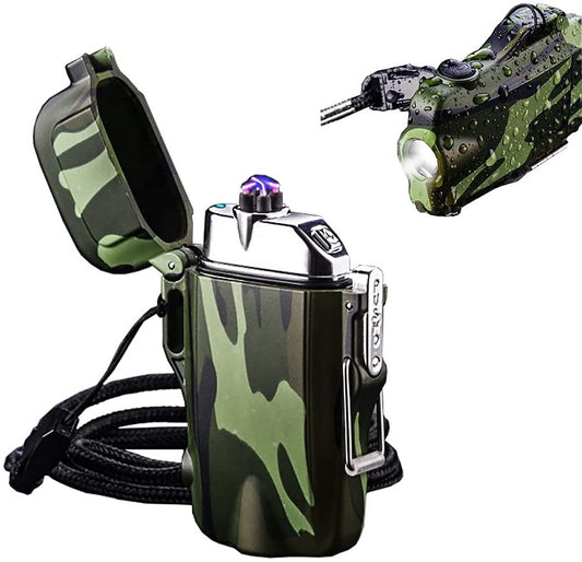 SKRFIRE Windproof Lighter, Waterproof Lighter Dual Arc Lighter Electric Lighter with LED Flashlight, Rechargeable USB Lighter Flameless Plasma Lighter with Lanyard for Camping, Hiking