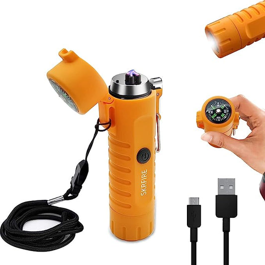 SKRFIRE Waterproof Windproof Lighter USB Rechargeable Dual Arc Plasma Lighter with Flashlight Compass for Lighting, Camping, Survival, Tactical