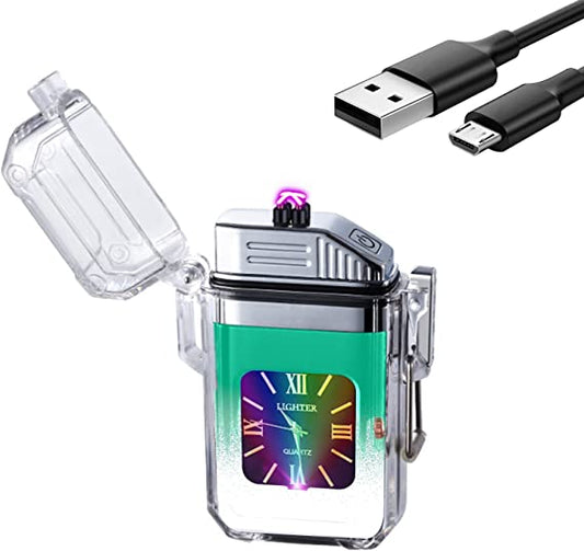 SKRFIRE Outdoor Windproof Lighter Double Arc Electric Lighter Rechargeable Plasma Lighter Clear Lighter with Seven Colours Lights and Dial