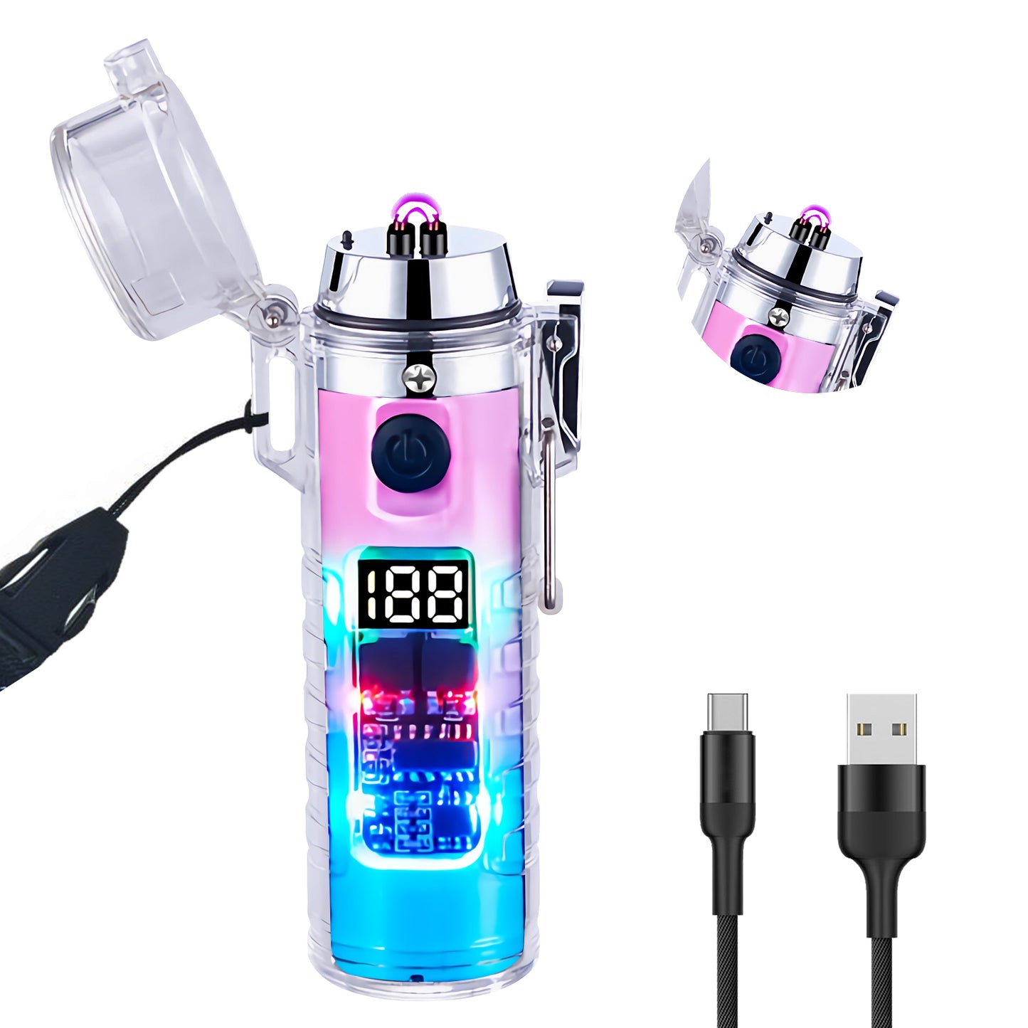 SKRFIRE Transparent case Plasma Arc Lighter, Waterproof Windproof Lighter USB Type C Rechargeable Lighter with Flashlight for Camping, Hiking, Outdoor Survival, Tactical Gear