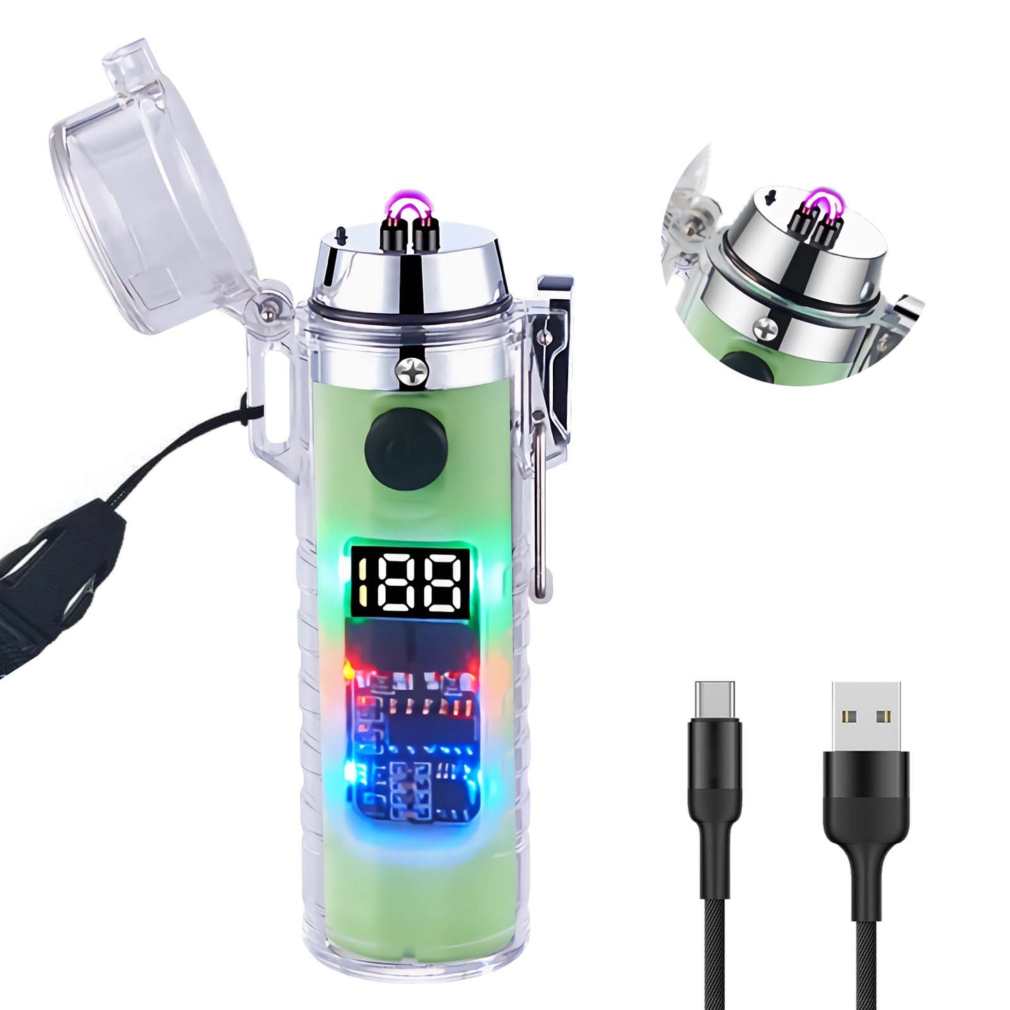 SKRFIRE Transparent case Plasma Arc Lighter, Waterproof Windproof Lighter USB Type C Rechargeable Lighter with Flashlight for Camping, Hiking, Outdoor Survival, Tactical Gear