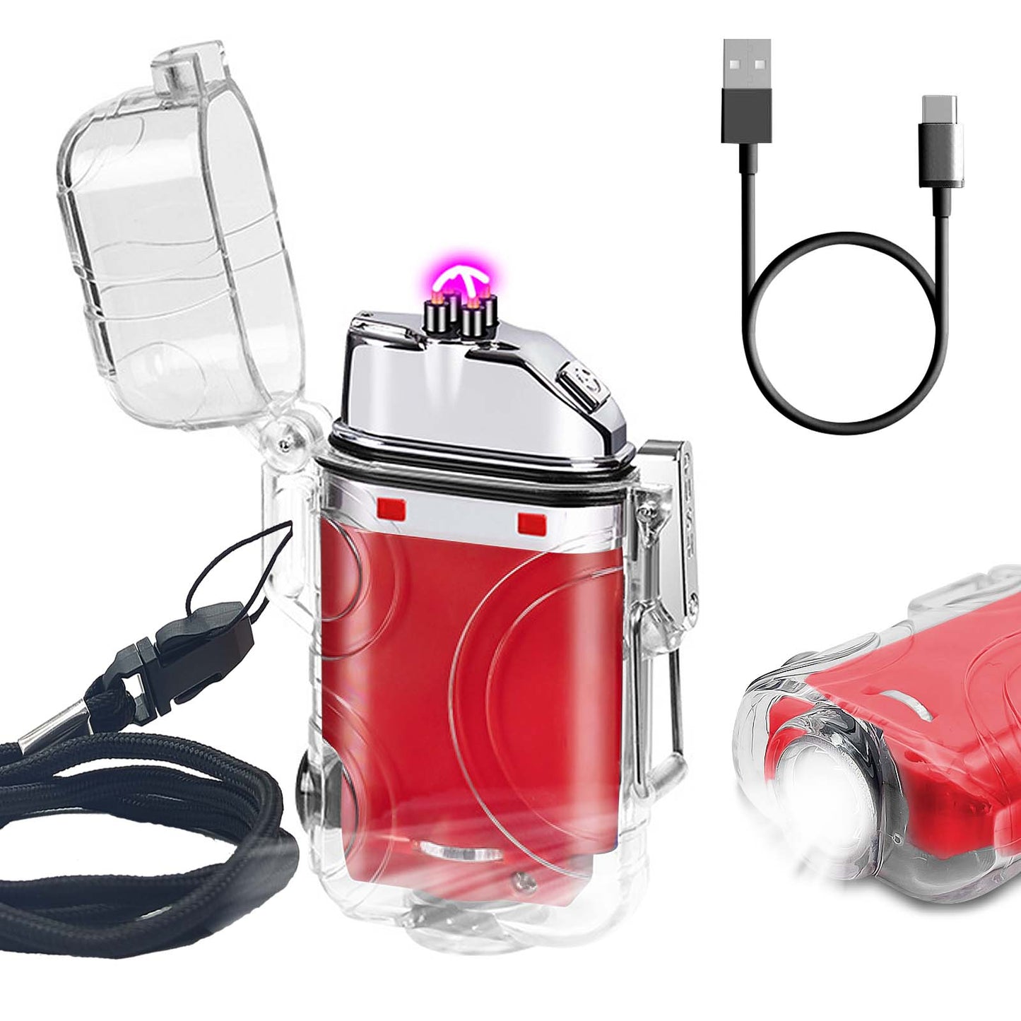 SKRFIRE Transparent case Arc Plasma Electric Lighter USB Rechargeable Windproof Lighter Cool Lighters Waterproof with LED Flashlight and Whistle for Camping Travel Exploration Survival