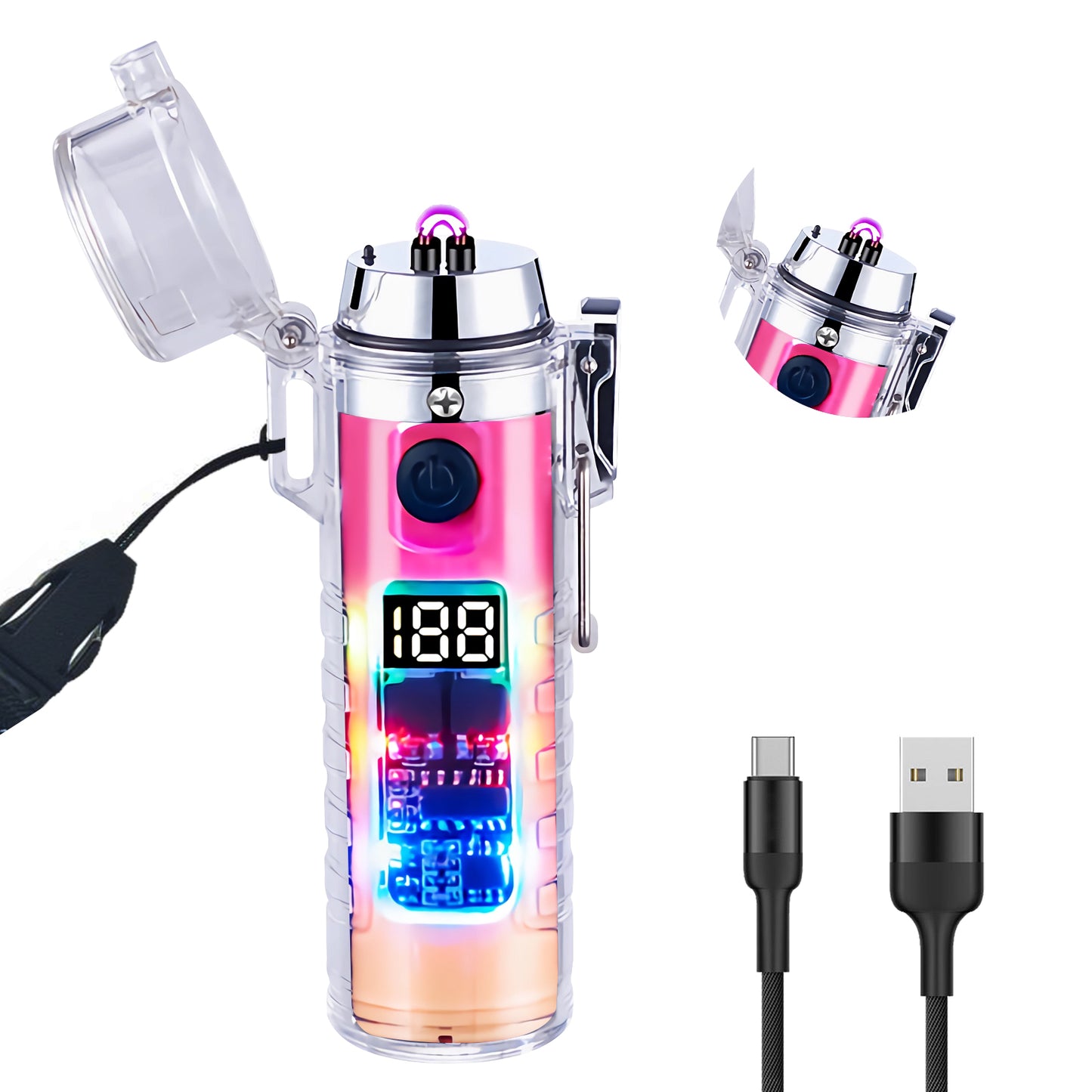 SKRFIRE Transparent case Plasma Arc Lighter, Waterproof Windproof Lighter USB Type C Rechargeable Lighter with Flashlight for Camping, Hiking, Outdoor Survival, Tactical Gear