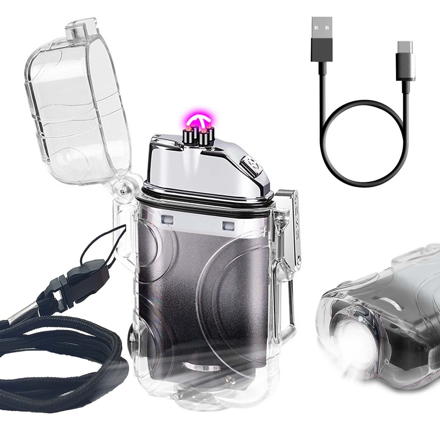 SKRFIRE Transparent case Arc Plasma Electric Lighter USB Rechargeable Windproof Lighter Cool Lighters Waterproof with LED Flashlight and Whistle for Camping Travel Exploration Survival