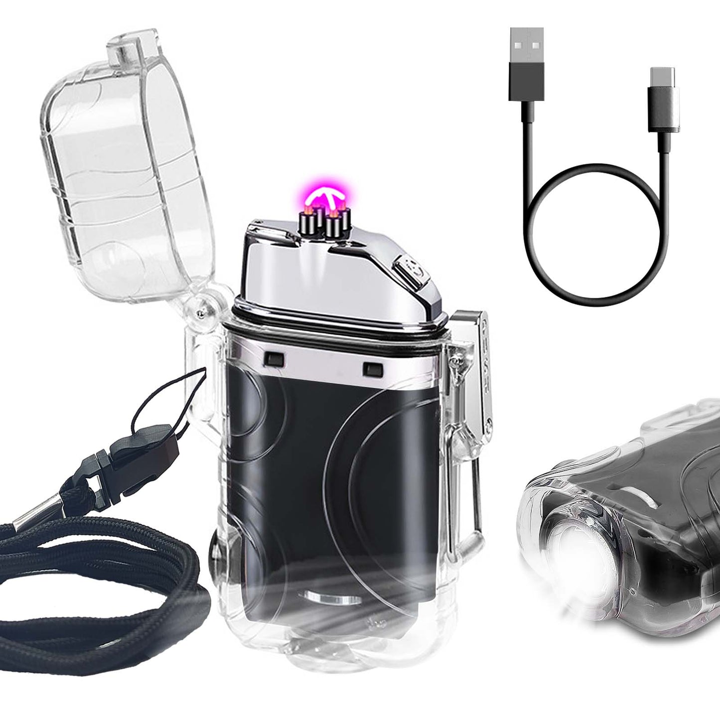 SKRFIRE Transparent case Arc Plasma Electric Lighter USB Rechargeable Windproof Lighter Cool Lighters Waterproof with LED Flashlight and Whistle for Camping Travel Exploration Survival