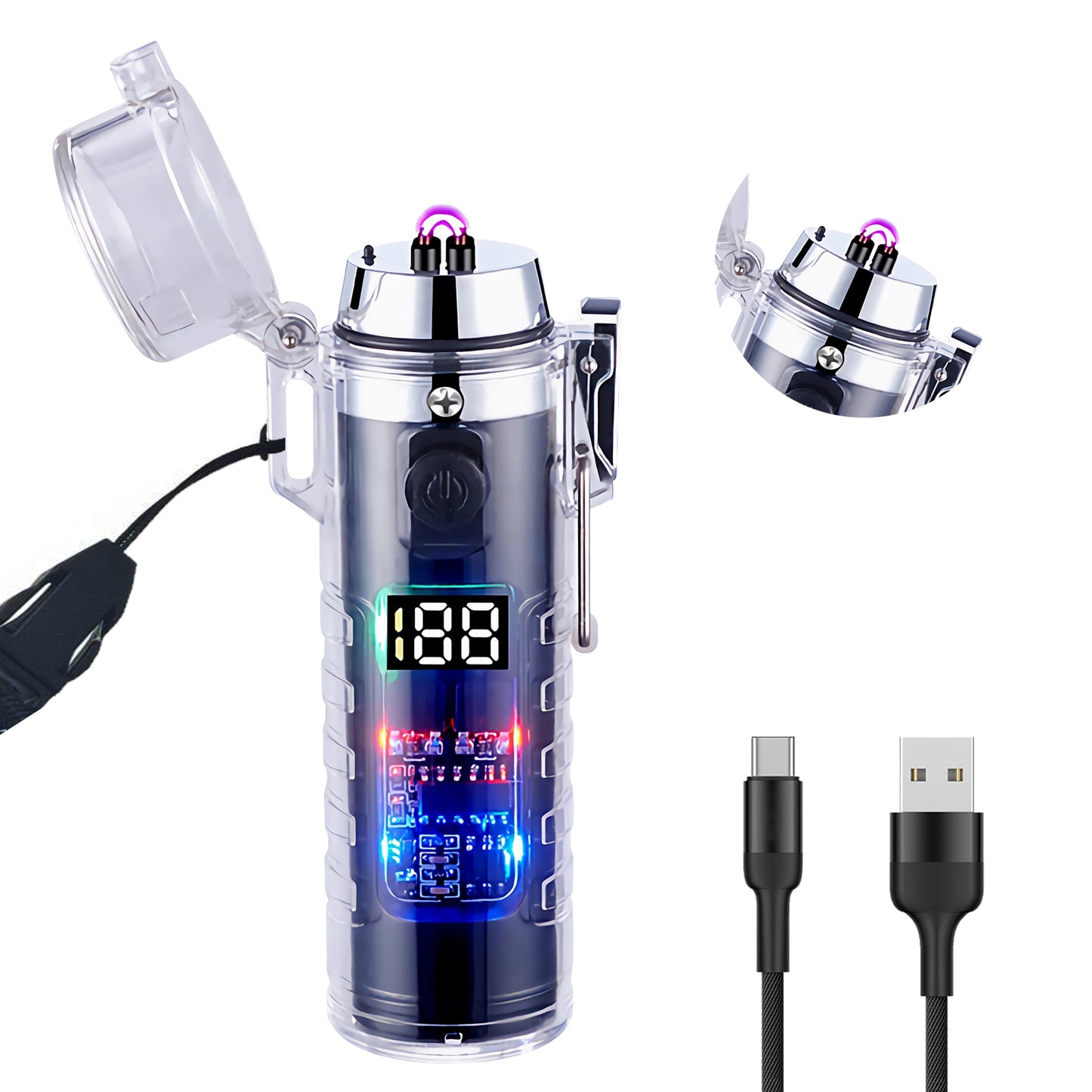 SKRFIRE Transparent case Plasma Arc Lighter, Waterproof Windproof Lighter USB Type C Rechargeable Lighter with Flashlight for Camping, Hiking, Outdoor Survival, Tactical Gear