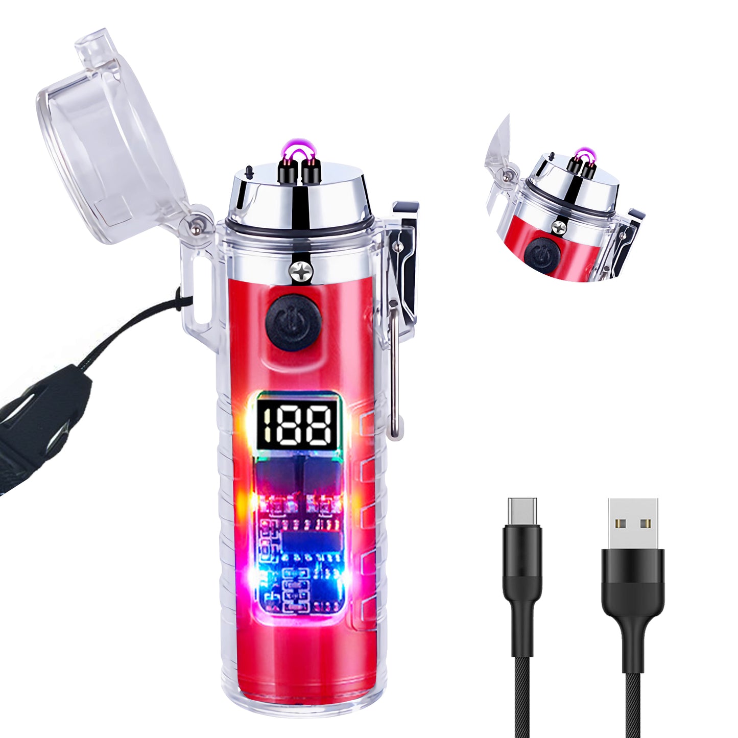 SKRFIRE Transparent case Plasma Arc Lighter, Waterproof Windproof Lighter USB Type C Rechargeable Lighter with Flashlight for Camping, Hiking, Outdoor Survival, Tactical Gear