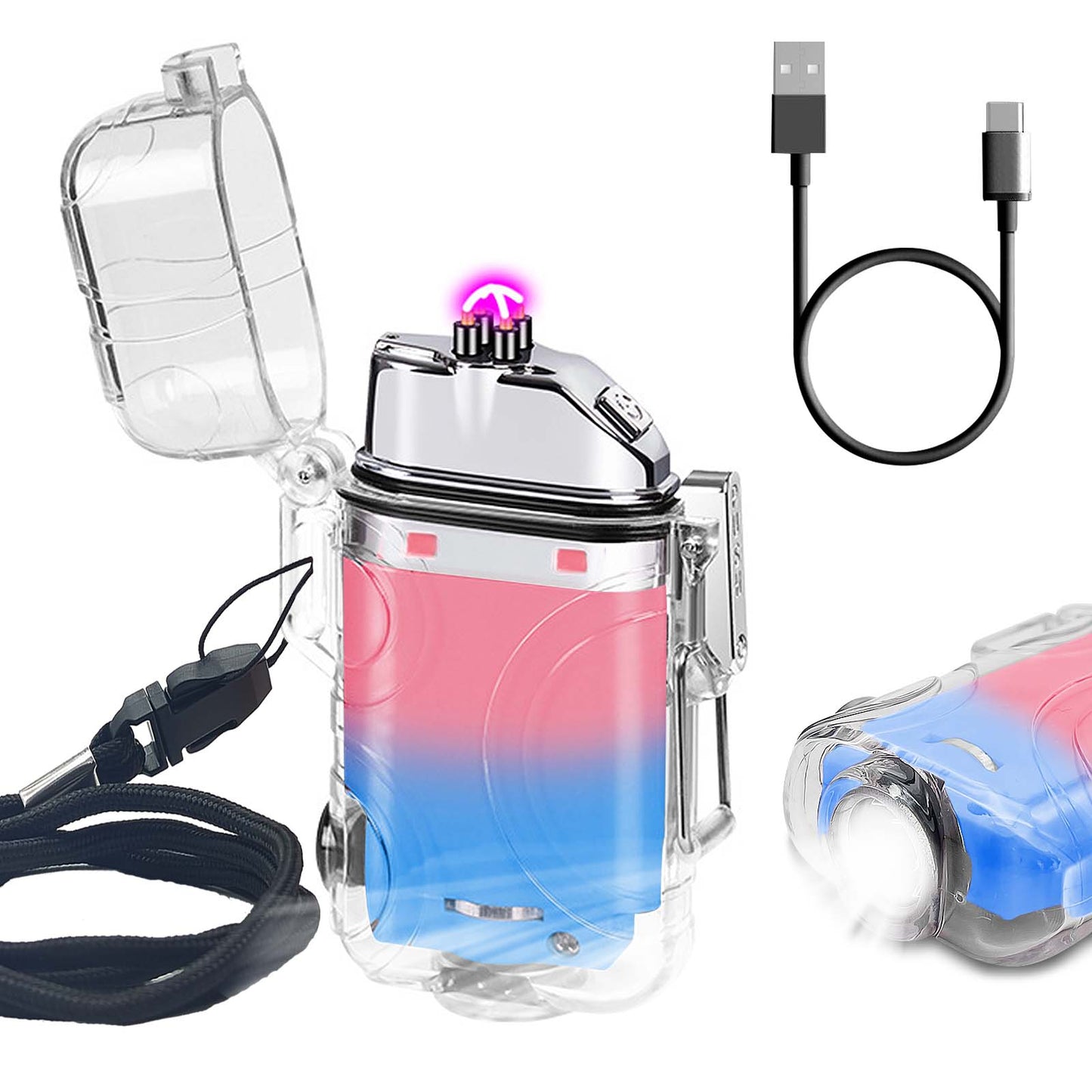 SKRFIRE Transparent case Arc Plasma Electric Lighter USB Rechargeable Windproof Lighter Cool Lighters Waterproof with LED Flashlight and Whistle for Camping Travel Exploration Survival