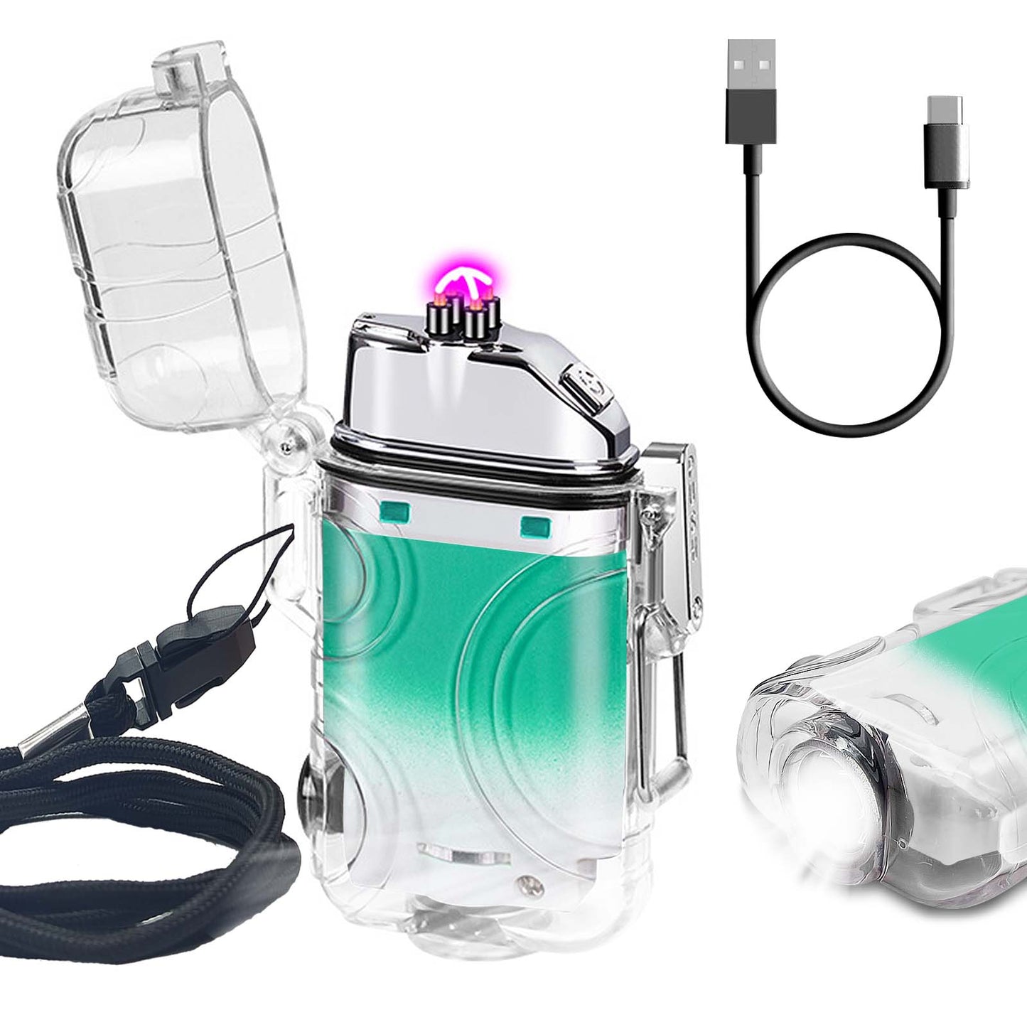 SKRFIRE Transparent case Arc Plasma Electric Lighter USB Rechargeable Windproof Lighter Cool Lighters Waterproof with LED Flashlight and Whistle for Camping Travel Exploration Survival
