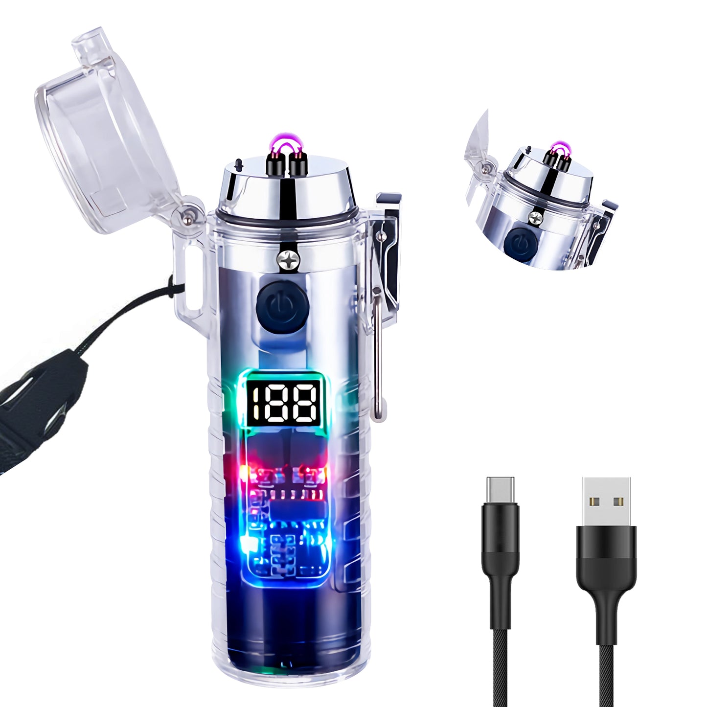 SKRFIRE Transparent case Plasma Arc Lighter, Waterproof Windproof Lighter USB Type C Rechargeable Lighter with Flashlight for Camping, Hiking, Outdoor Survival, Tactical Gear
