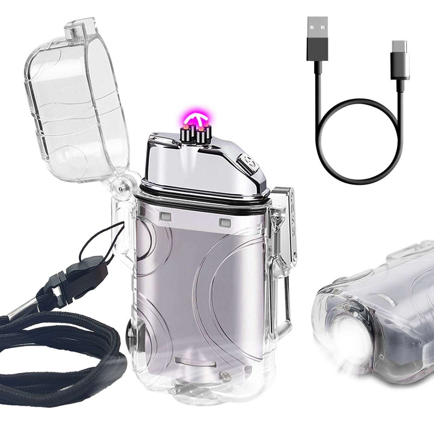 SKRFIRE Transparent case Arc Plasma Electric Lighter USB Rechargeable Windproof Lighter Cool Lighters Waterproof with LED Flashlight and Whistle for Camping Travel Exploration Survival
