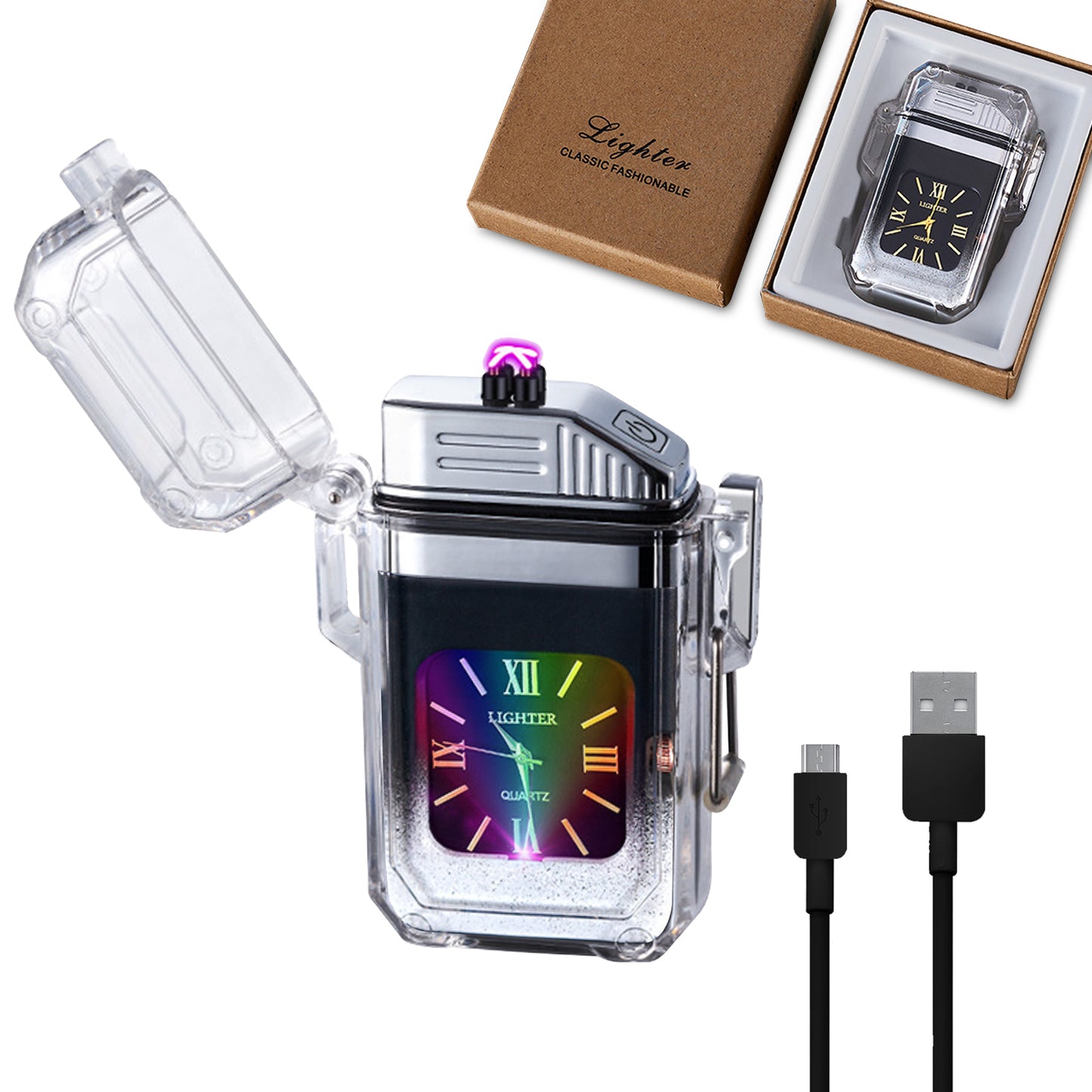 SKRFIRE Outdoor Arc Plasma Lighter with clock, rectangular, Transparent housing