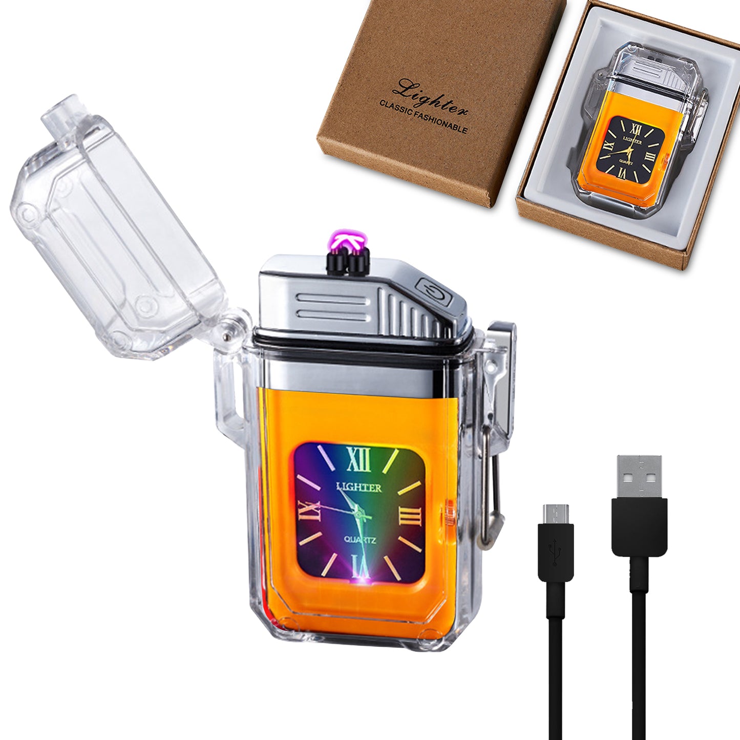 SKRFIRE Outdoor Arc Plasma Lighter with clock, rectangular, Transparent housing