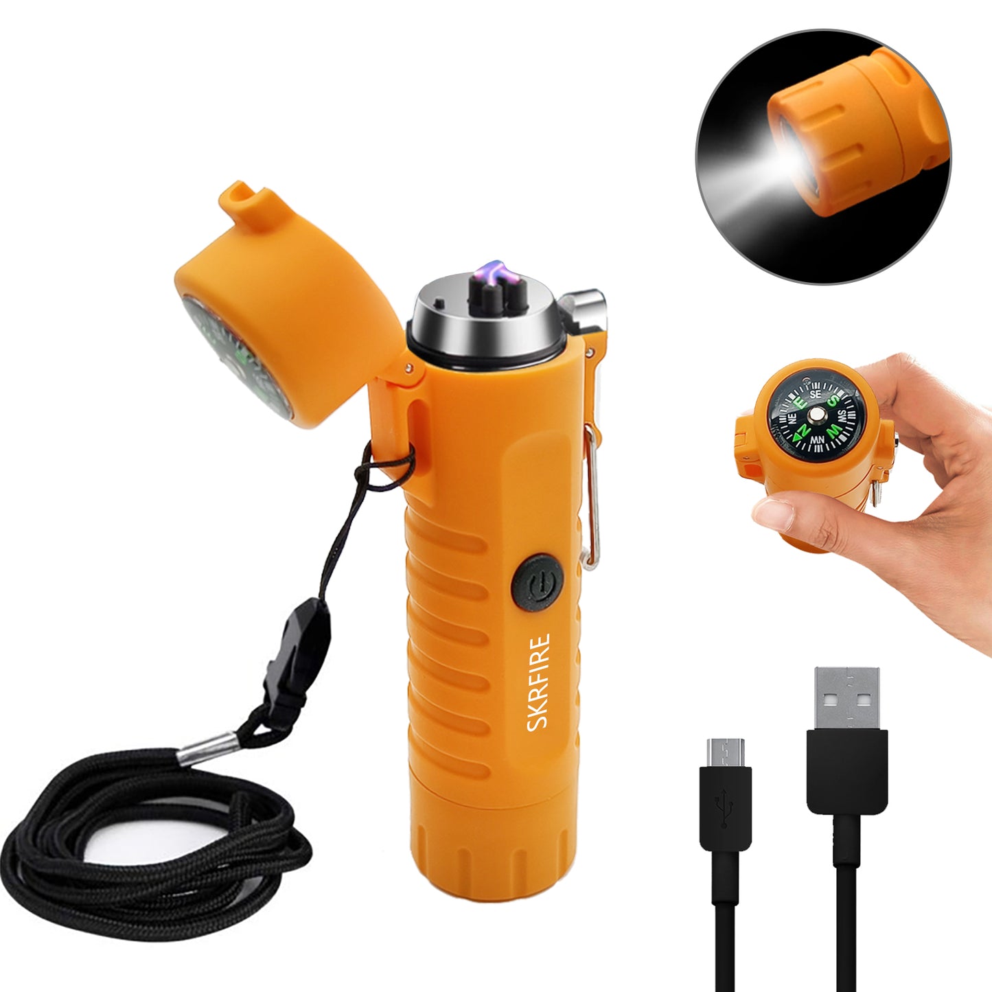 SKRFIRE Waterproof Windproof Outdoor Lighter USB Rechargeable Double Arc Plasma Electric Lighter with Flashlight Compass for Lighting, Camping, Survival, Tactical