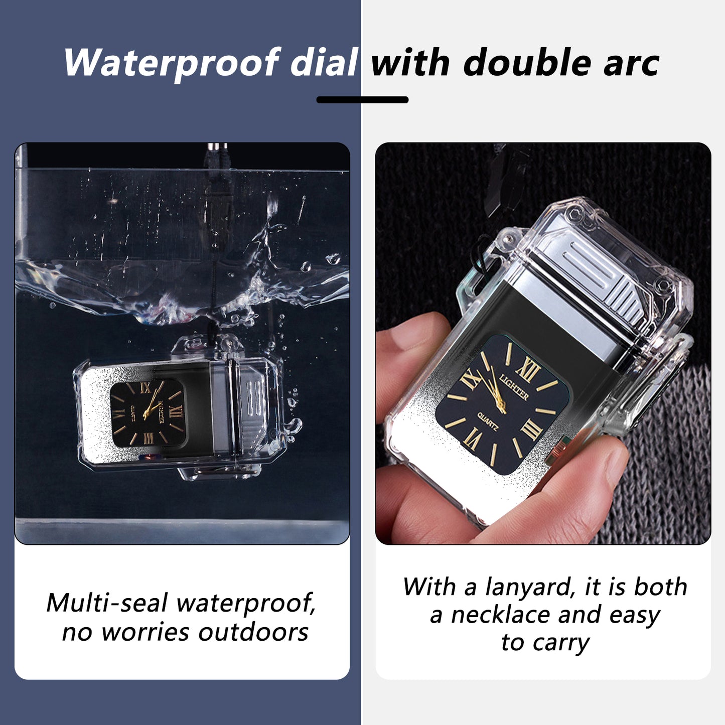 SKRFIRE Outdoor Arc Plasma Lighter with clock, rectangular, Transparent housing