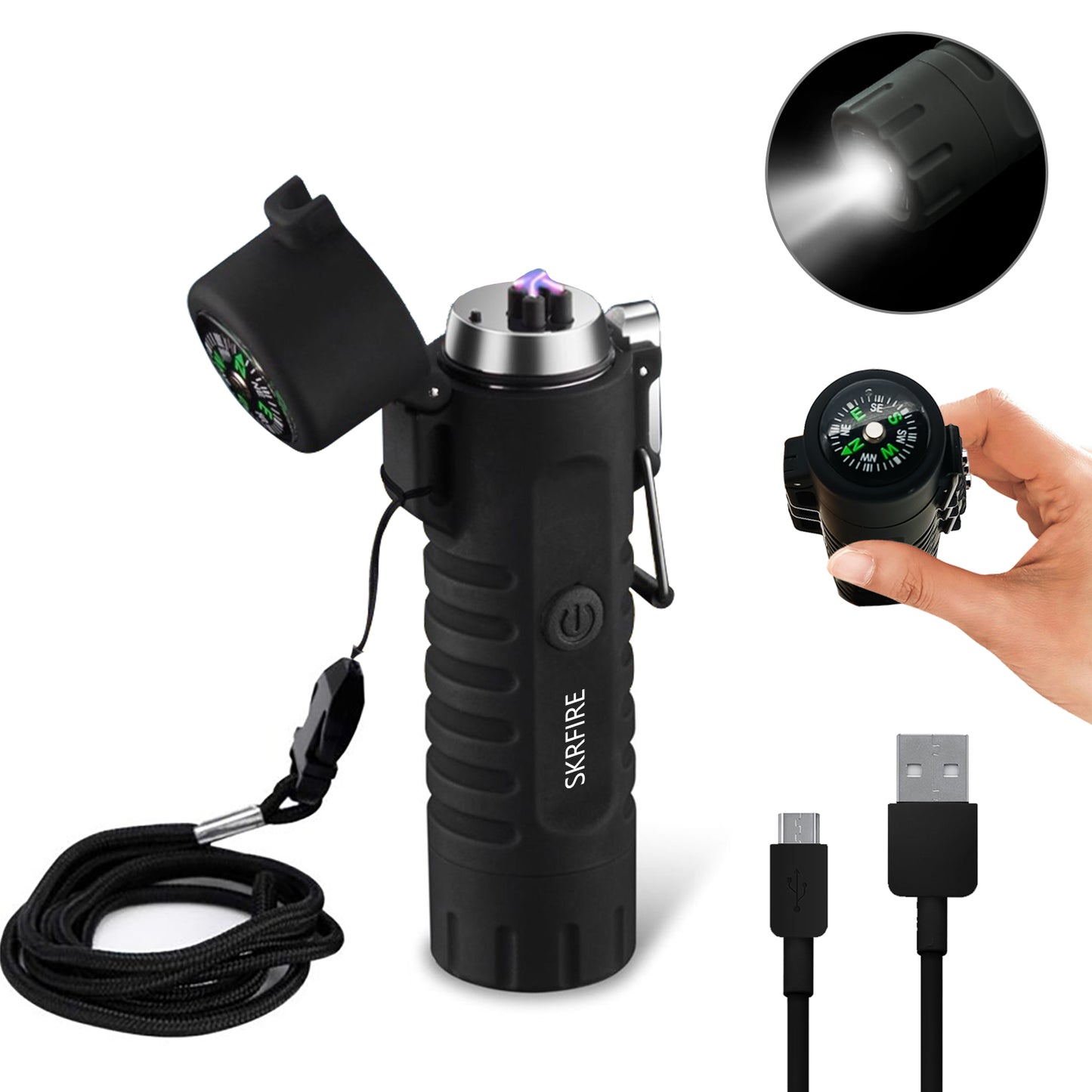 SKRFIRE Waterproof Windproof Outdoor Lighter USB Rechargeable Double Arc Plasma Electric Lighter with Flashlight Compass for Lighting, Camping, Survival, Tactical