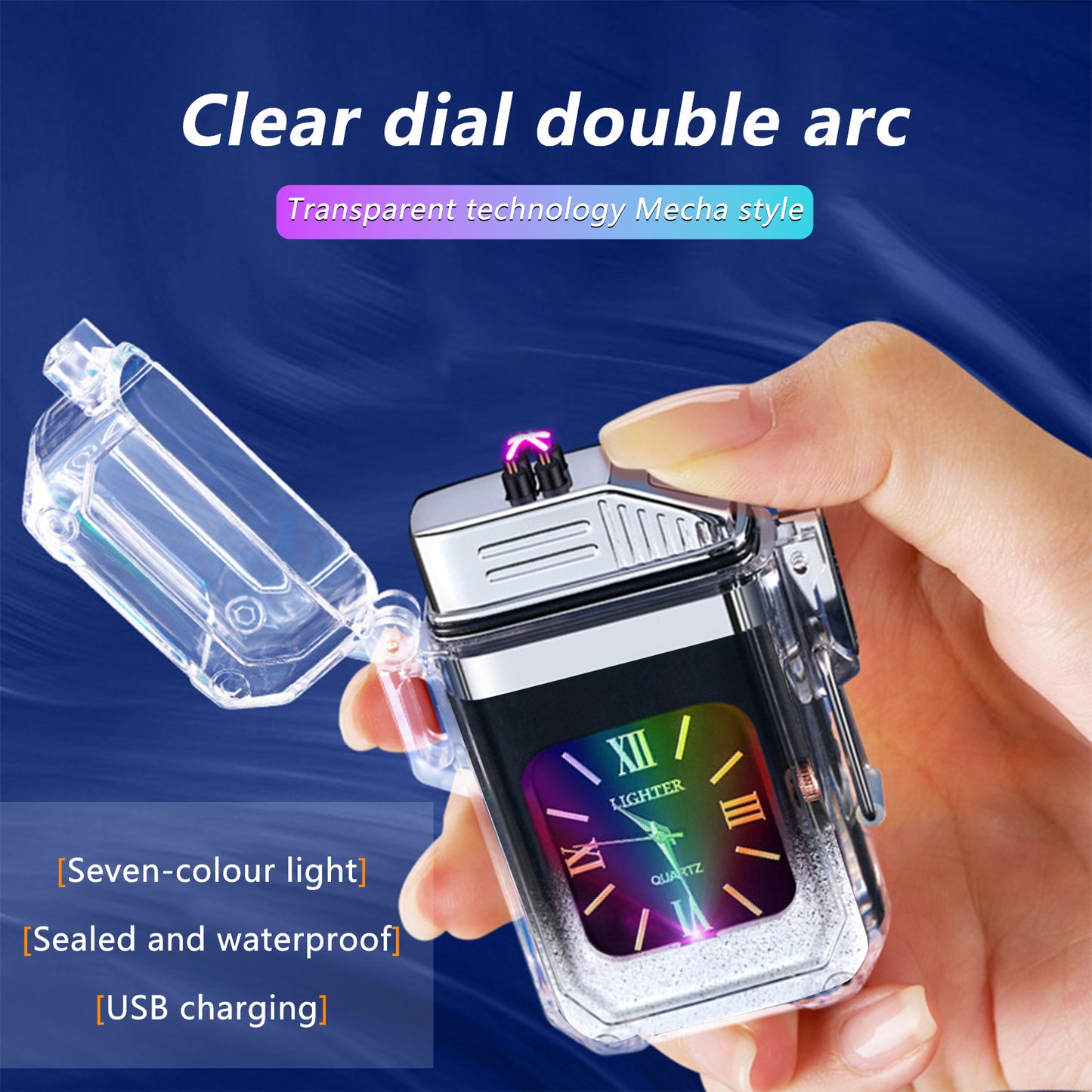 SKRFIRE Outdoor Arc Plasma Lighter with clock, rectangular, Transparent housing