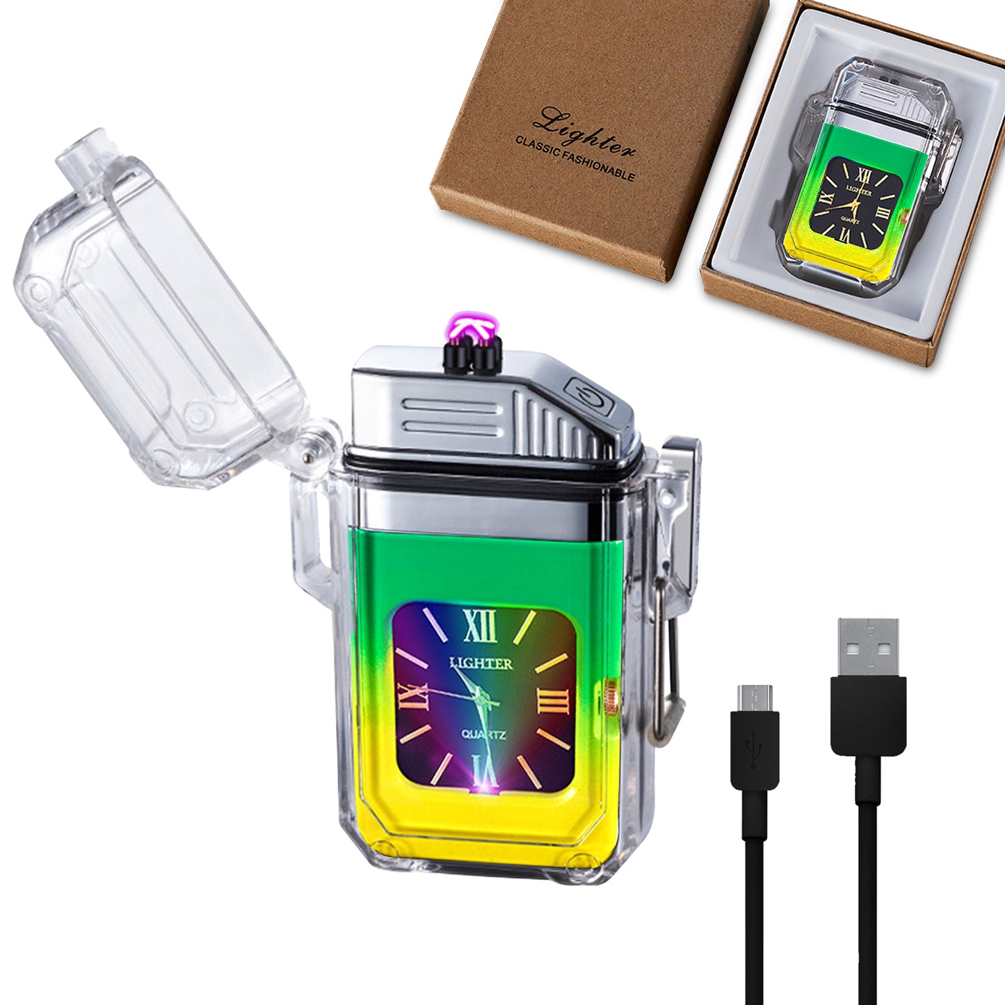 SKRFIRE Outdoor Arc Plasma Lighter with clock, rectangular, Transparent housing