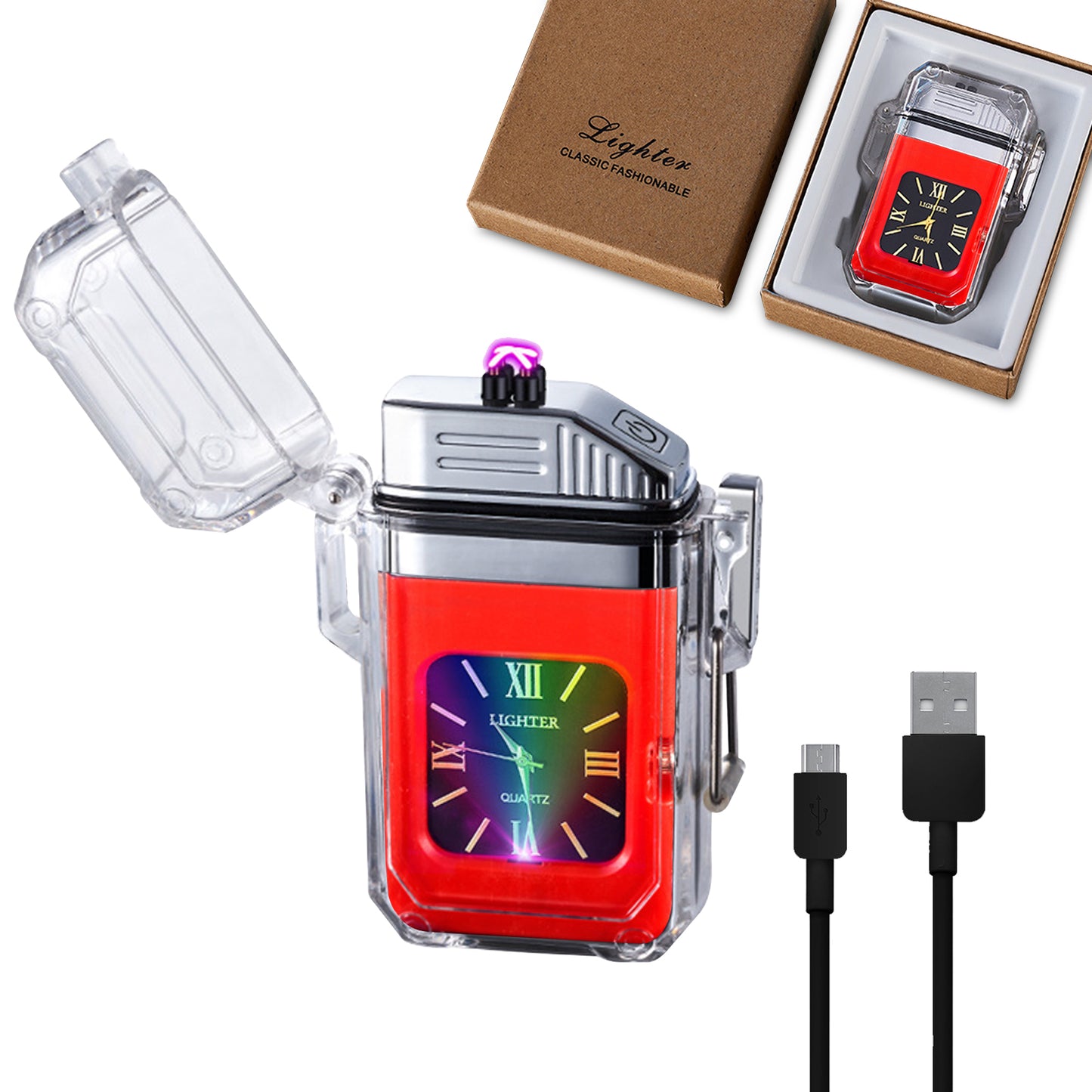 SKRFIRE Outdoor Arc Plasma Lighter with clock, rectangular, Transparent housing