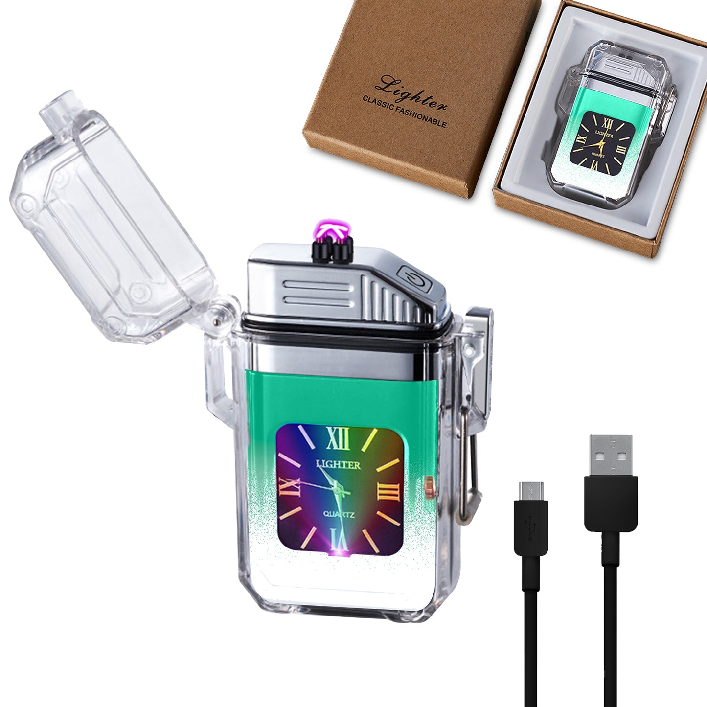 SKRFIRE Outdoor Arc Plasma Lighter with clock, rectangular, Transparent housing