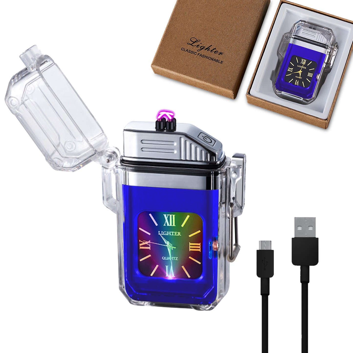 SKRFIRE Outdoor Arc Plasma Lighter with clock, rectangular, Transparent housing