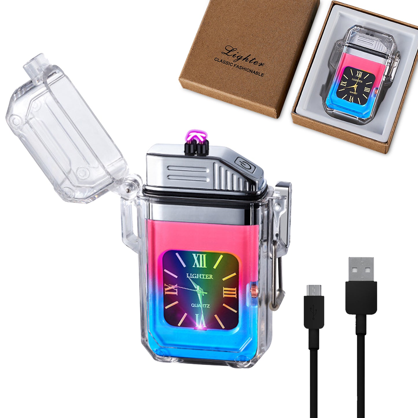SKRFIRE Outdoor Arc Plasma Lighter with clock, rectangular, Transparent housing