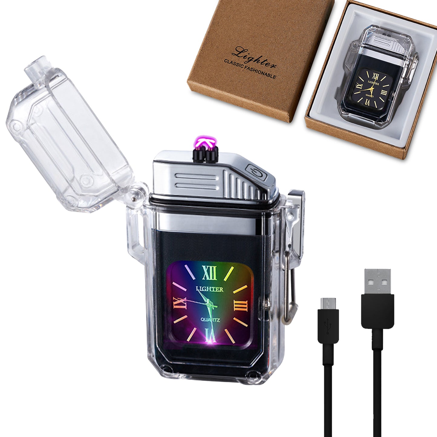 SKRFIRE Outdoor Arc Plasma Lighter with clock, rectangular, Transparent housing