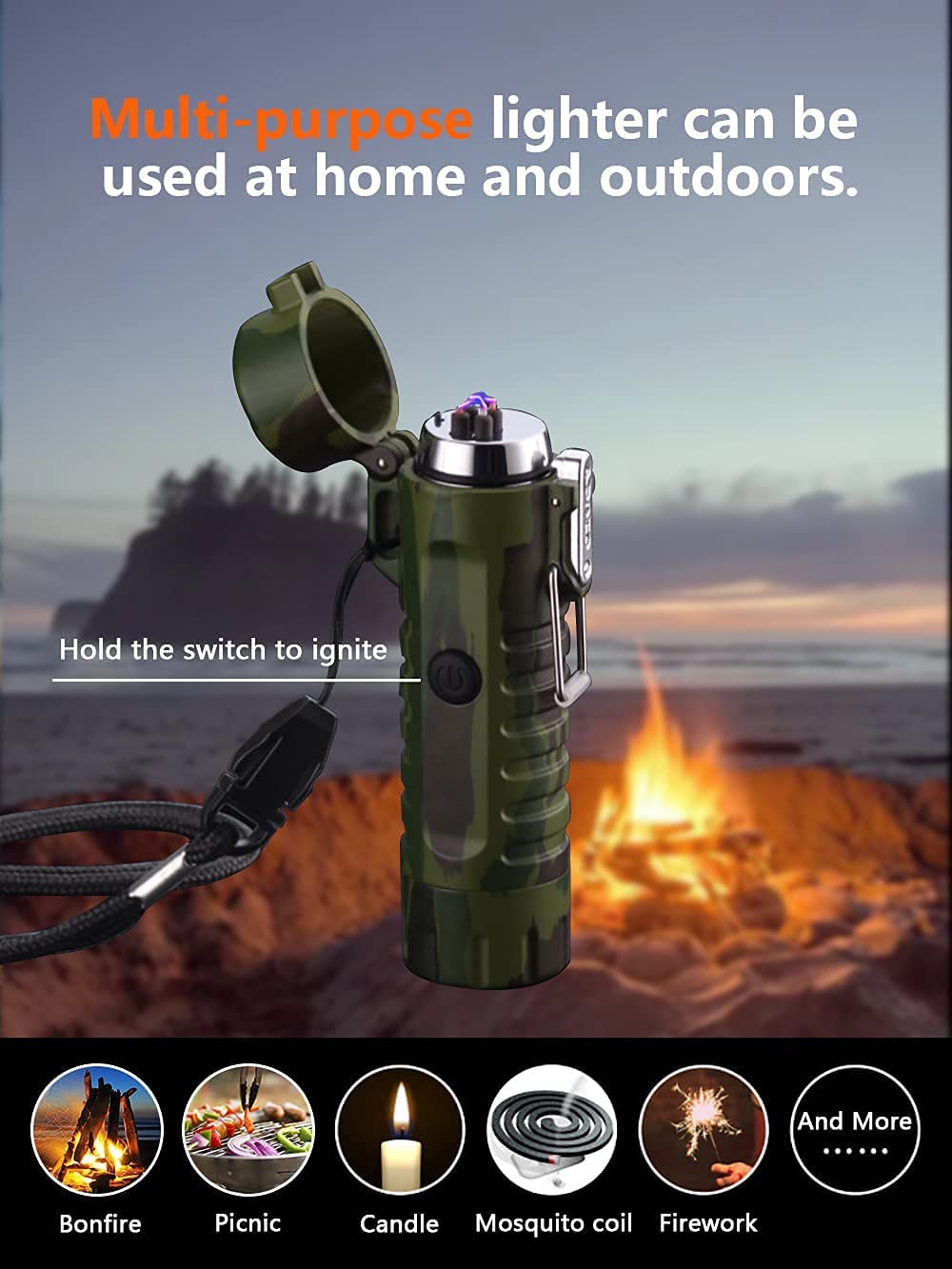 SKRFIRE Plasma Arc Lighter Waterproof Windproof Lighter USB Type C Rechargeable Lighter with Flashlight for Camping, Hiking, Outdoor Survival, Tactical Gear