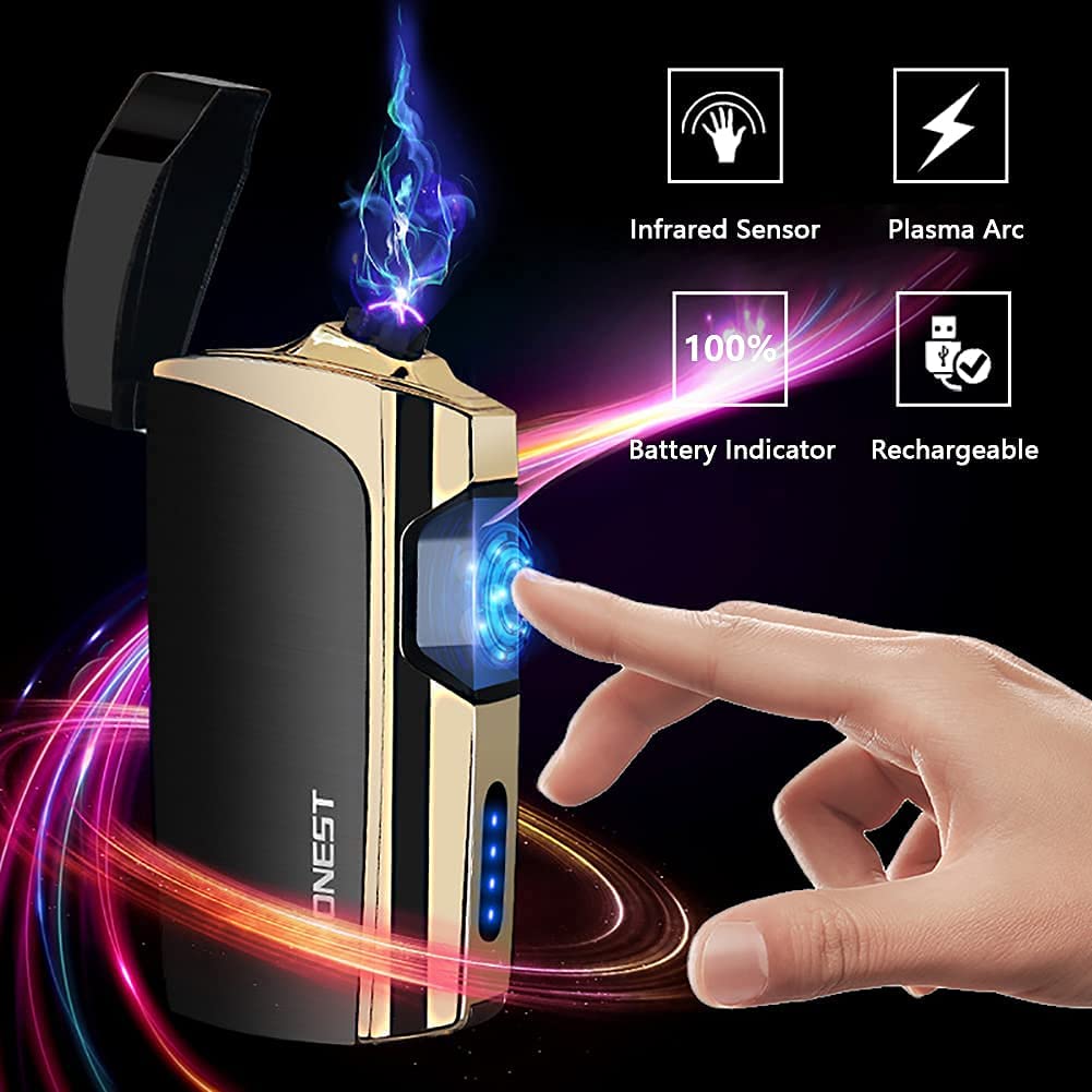 SKRFIRE Rechargeable Lighter Infrared Sensor Plasma Lighter, Windproof Dual Arc Lighter Outdoor Rechargeable USB Lighter Flameless Electric Lighter with LED Battery Indicator