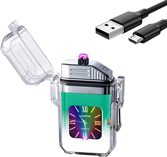 SKRFIRE Outdoor Windproof Lighter Double Arc Electric Lighter Rechargeable Plasma Lighter Clear Lighter with Seven Colours Lights and Dial