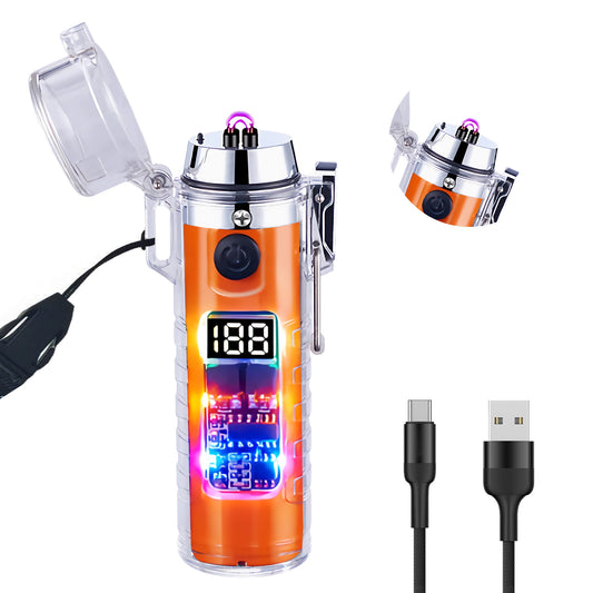 SKRFIRE Transparent case Plasma Arc Lighter, Waterproof Windproof Lighter USB Type C Rechargeable Lighter with Flashlight for Camping, Hiking, Outdoor Survival, Tactical Gear