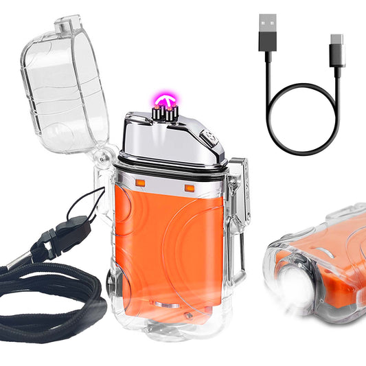 SKRFIRE Transparent case Arc Plasma Electric Lighter USB Rechargeable Windproof Lighter Cool Lighters Waterproof with LED Flashlight and Whistle for Camping Travel Exploration Survival