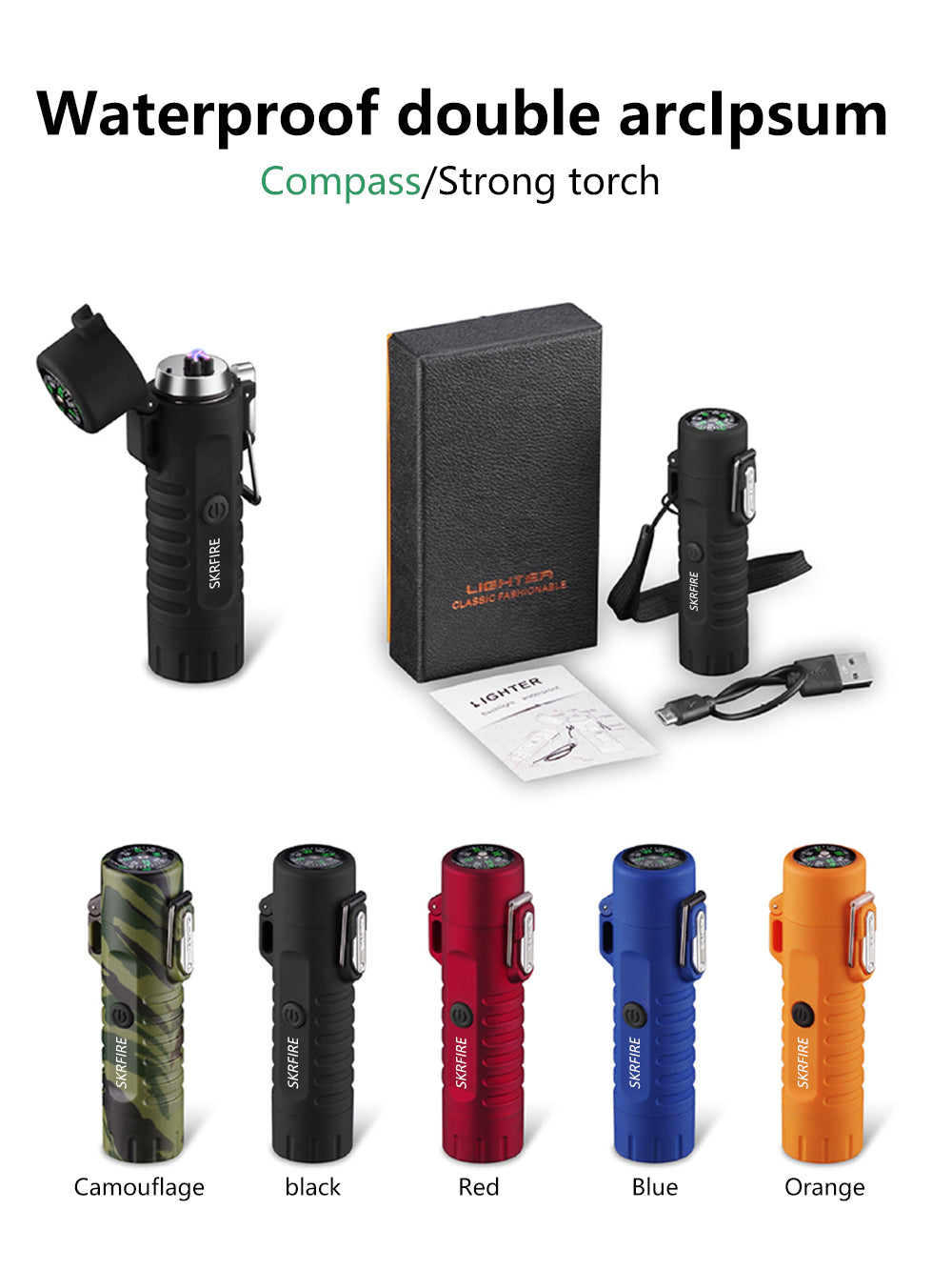SKRFIRE Waterproof Windproof Outdoor Lighter USB Rechargeable Double Arc Plasma Electric Lighter with Flashlight Compass for Lighting, Camping, Survival, Tactical