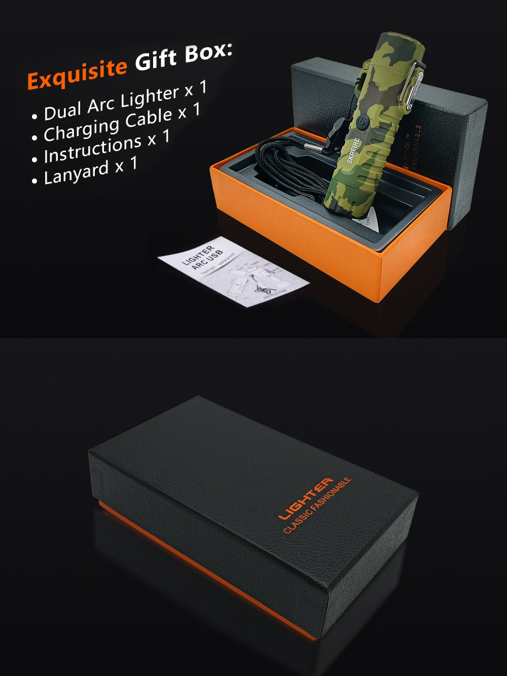 SKRFIRE Waterproof Windproof Outdoor Lighter USB Rechargeable Double Arc Plasma Electric Lighter with Flashlight Compass for Lighting, Camping, Survival, Tactical