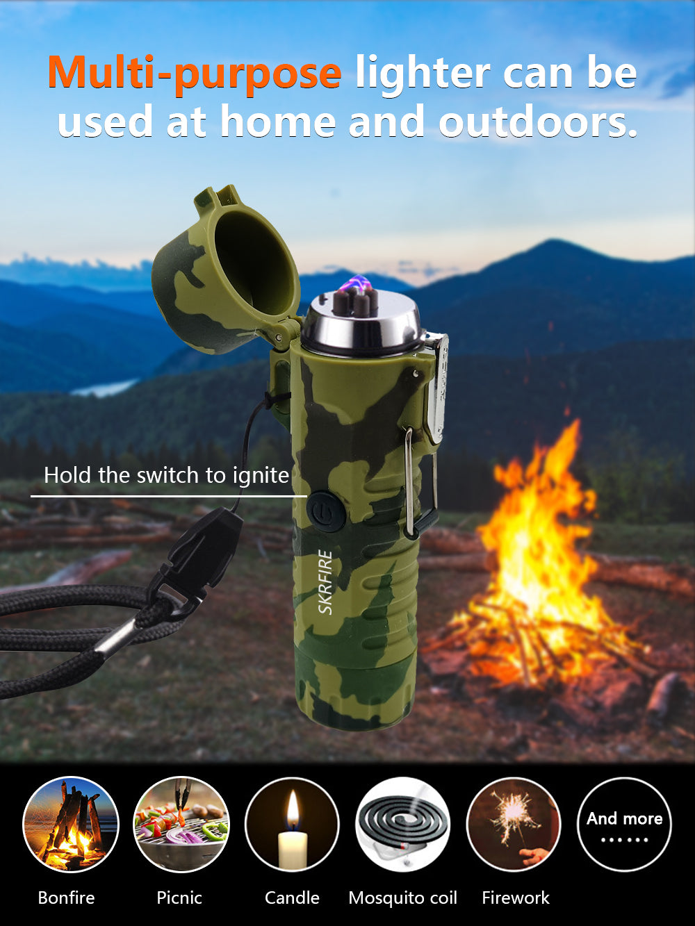 SKRFIRE Waterproof Windproof Outdoor Lighter USB Rechargeable Double Arc Plasma Electric Lighter with Flashlight Compass for Lighting, Camping, Survival, Tactical