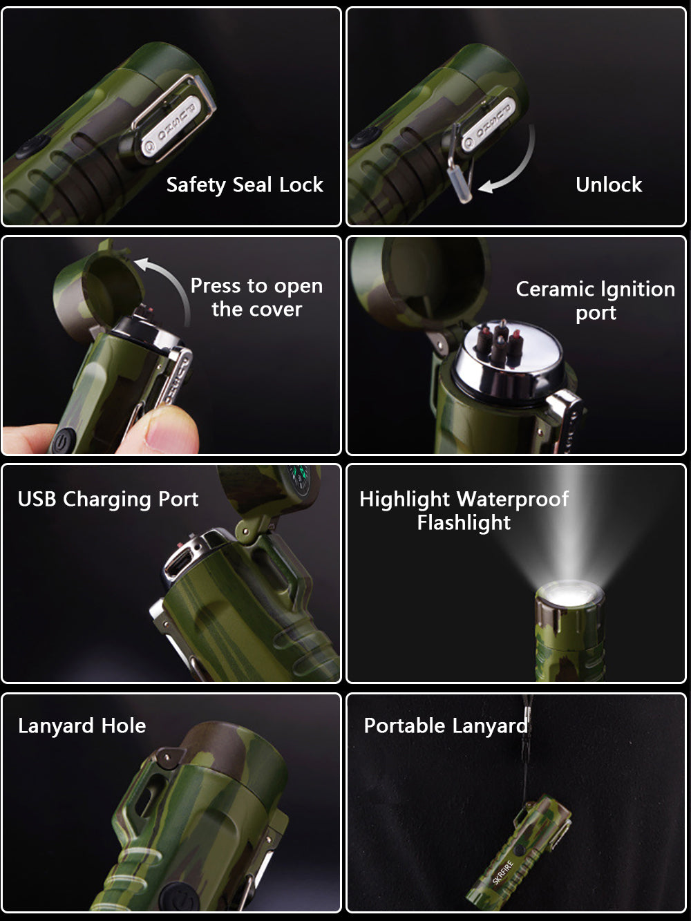 SKRFIRE Waterproof Windproof Outdoor Lighter USB Rechargeable Double Arc Plasma Electric Lighter with Flashlight Compass for Lighting, Camping, Survival, Tactical