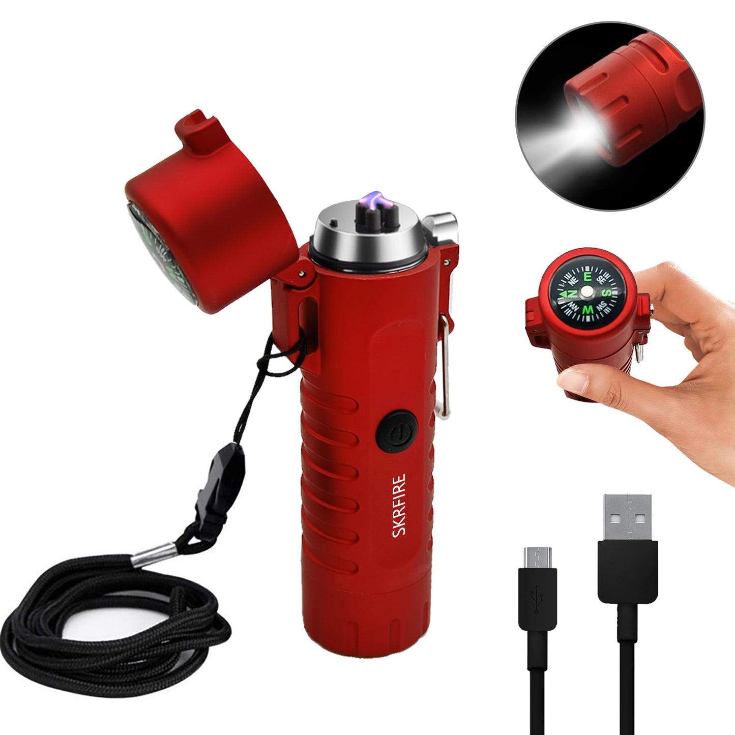 SKRFIRE Waterproof Windproof Outdoor Lighter USB Rechargeable Double Arc Plasma Electric Lighter with Flashlight Compass for Lighting, Camping, Survival, Tactical