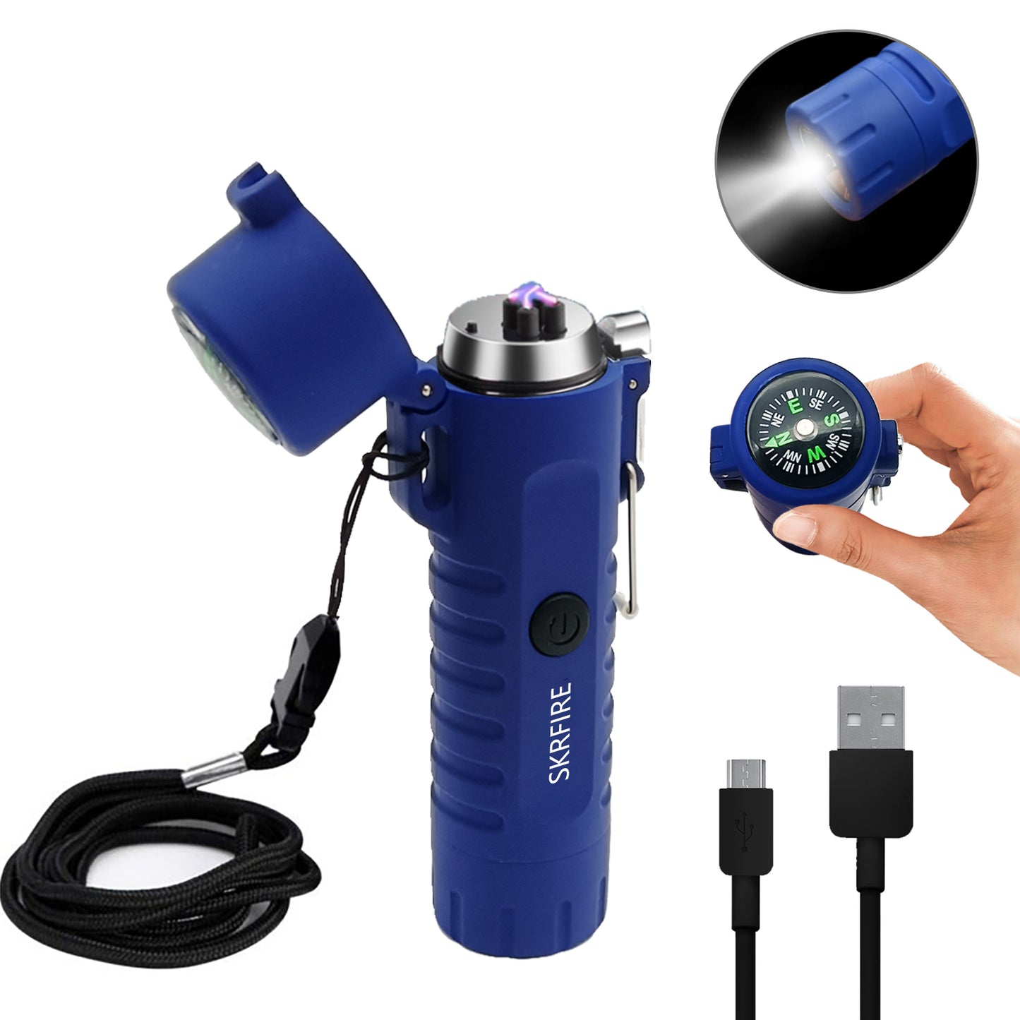SKRFIRE Waterproof Windproof Outdoor Lighter USB Rechargeable Double Arc Plasma Electric Lighter with Flashlight Compass for Lighting, Camping, Survival, Tactical