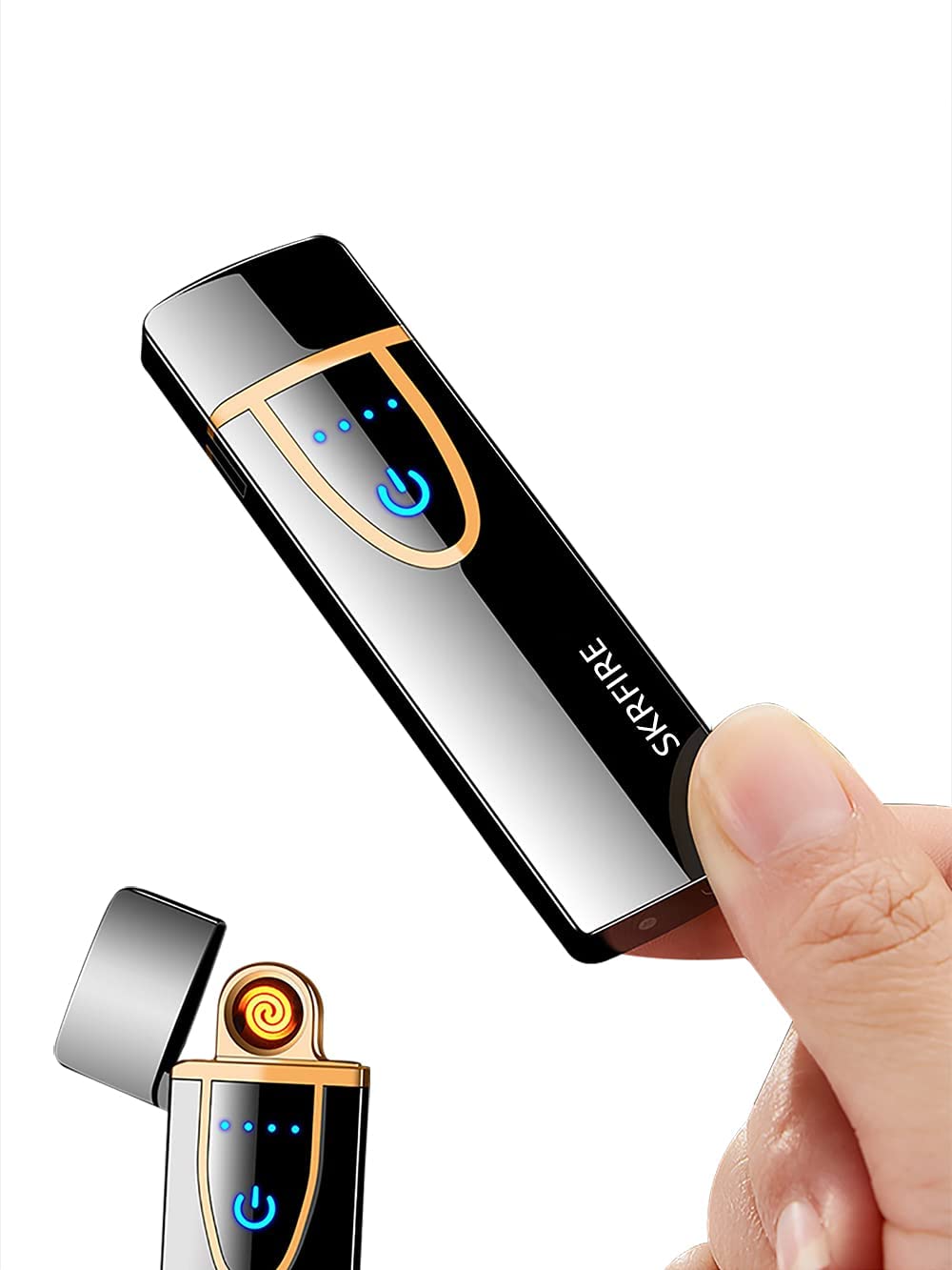 SKRFIRE Ultra-Thin Electric Lighter,Tungsten Turbo Lighter Touch Switch Windproof Lighter Rechargeable USB Lighter with LED Battery Indicator