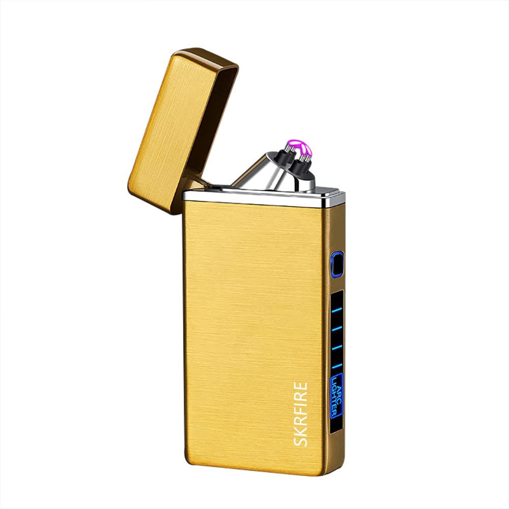 SKRFIRE Lighter, Fuel-Free Electric Lighter Windproof Dual Arc Lighter Flameless Plasma Lighter PVD-Plating Wearproof Lighter Rechargeable USB Lighter with LED Battery Indicator