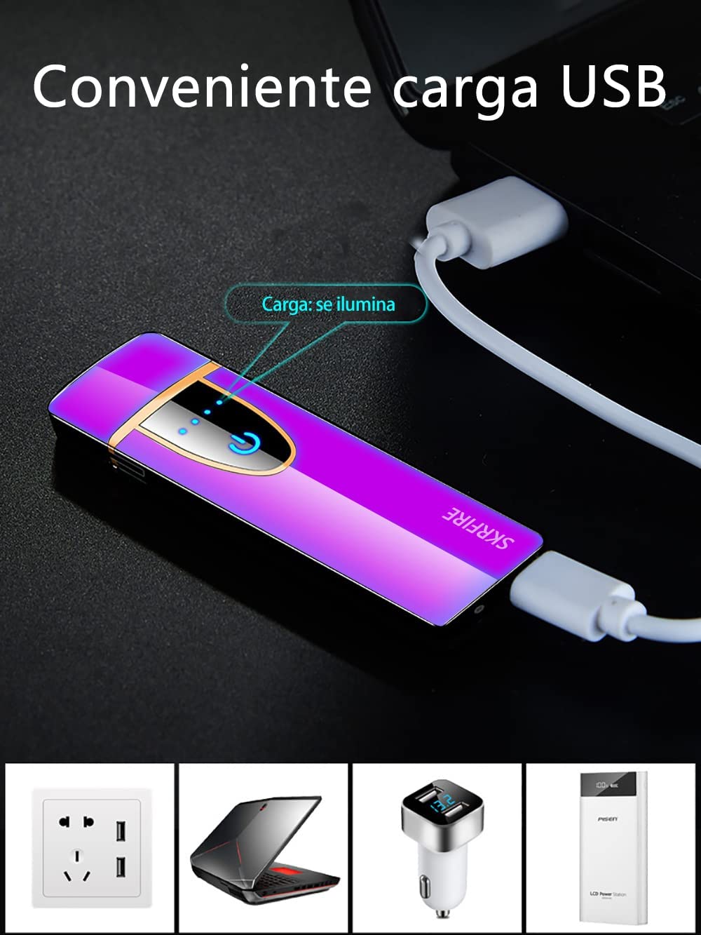 SKRFIRE Ultra-Thin Electric Lighter,Tungsten Turbo Lighter Touch Switch Windproof Lighter Rechargeable USB Lighter with LED Battery Indicator