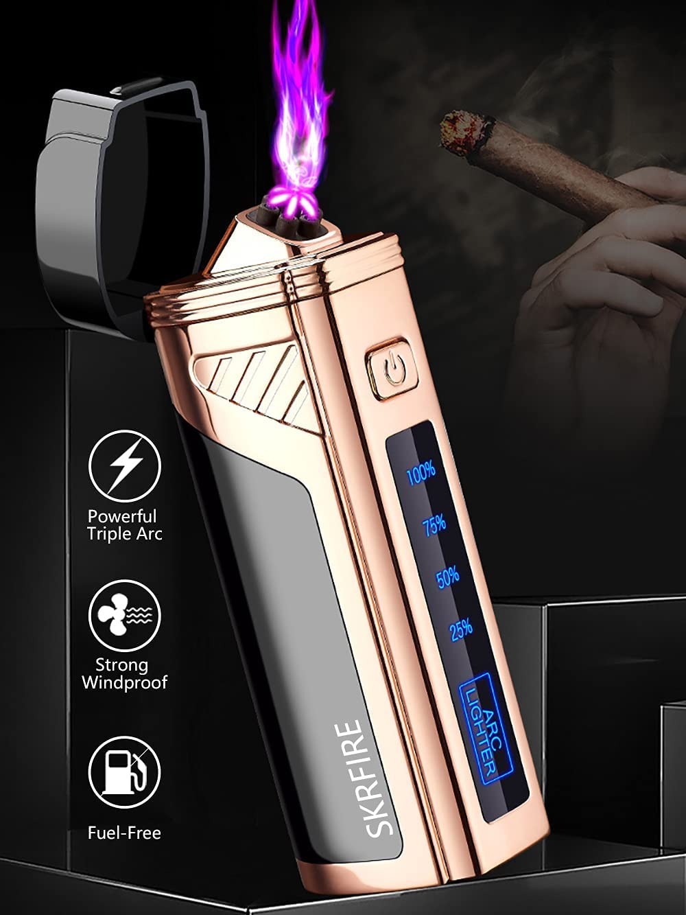 SKRFIRE 2-in-1 Cigar Opener Windproof Lighter,Triple Arc high power