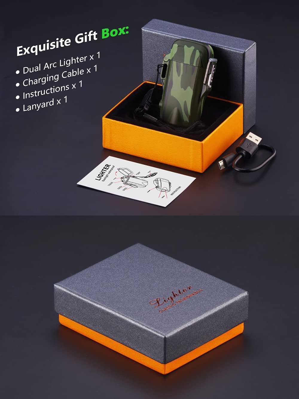 Waterproof Dual Arc Electric Lighter with LED Flashlight for outdoor