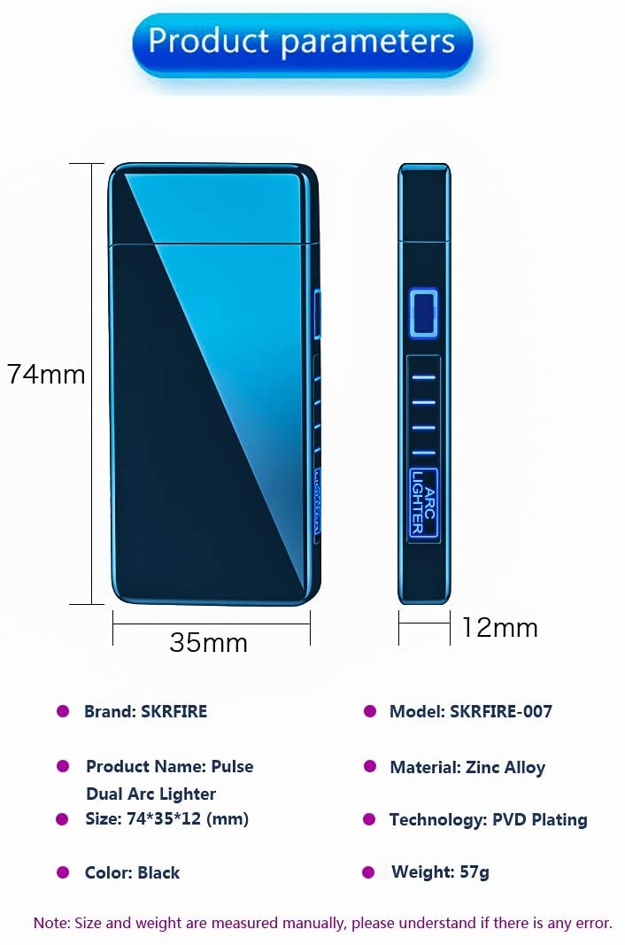 SKRFIRE Lighter, Fuel-Free Electric Lighter Windproof Dual Arc Lighter Flameless Plasma Lighter PVD-Plating Wearproof Lighter Rechargeable USB Lighter with LED Battery Indicator
