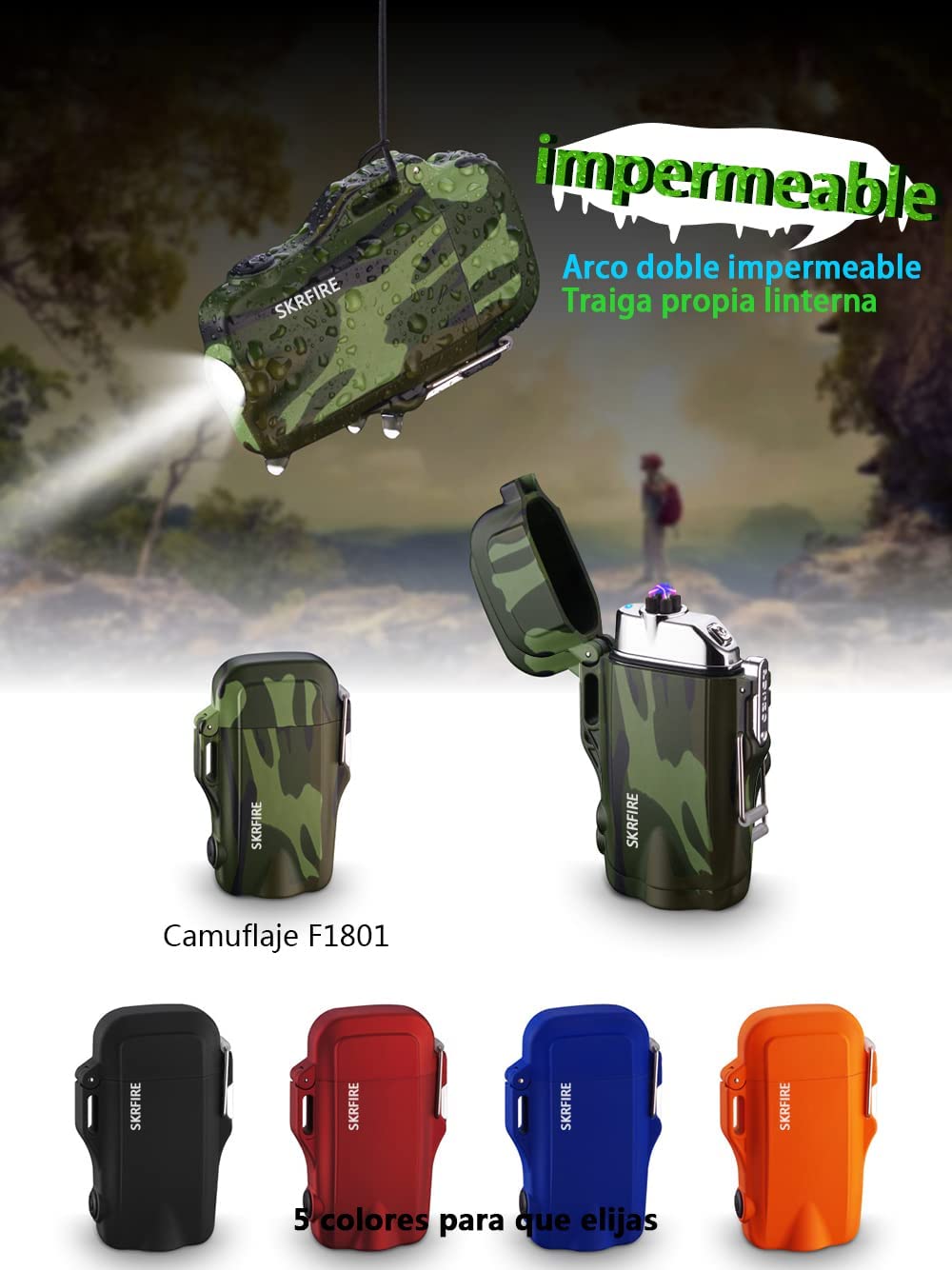 Waterproof Dual Arc Electric Lighter with LED Flashlight for outdoor