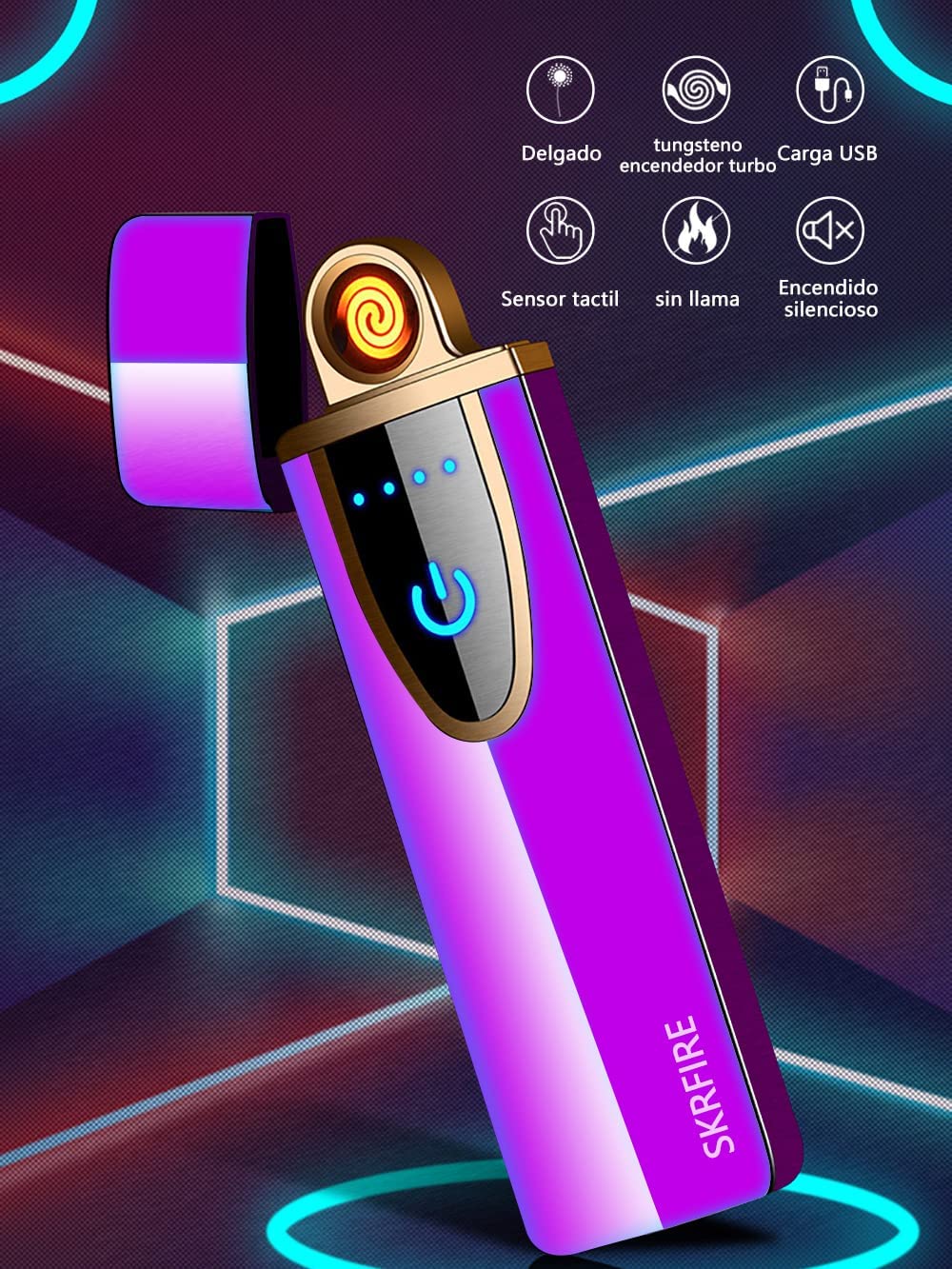 SKRFIRE Ultra-Thin Electric Lighter,Tungsten Turbo Lighter Touch Switch Windproof Lighter Rechargeable USB Lighter with LED Battery Indicator