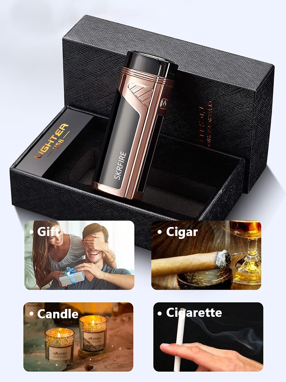 SKRFIRE 2-in-1 Cigar Opener Windproof Lighter,Triple Arc high power