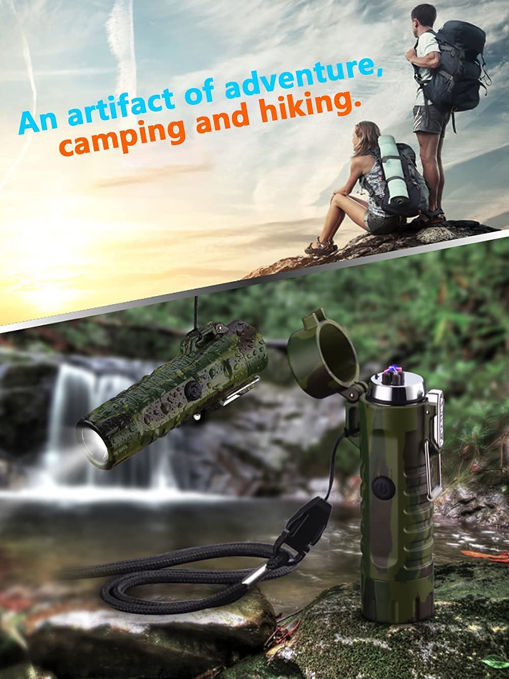 SKRFIRE Plasma Arc Lighter Waterproof Windproof Lighter USB Type C Rechargeable Lighter with Flashlight for Camping, Hiking, Outdoor Survival, Tactical Gear